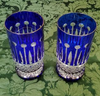 Baccarat Vintage 60 ' s Crystal Tumblers 2 Cobalt Cut To Clear Diamond Pattern 11