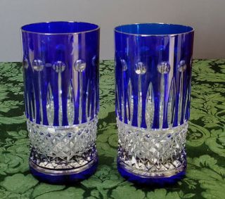 Baccarat Vintage 60 ' s Crystal Tumblers 2 Cobalt Cut To Clear Diamond Pattern 12