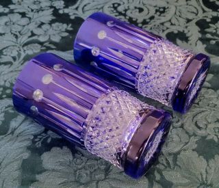 Baccarat Vintage 60 ' s Crystal Tumblers 2 Cobalt Cut To Clear Diamond Pattern 5