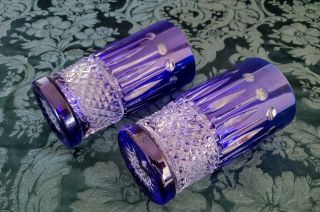 Baccarat Vintage 60 ' s Crystal Tumblers 2 Cobalt Cut To Clear Diamond Pattern 6