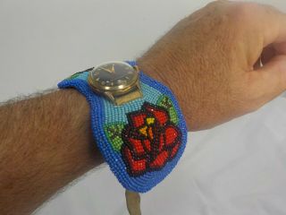 Vintage Native American Hand Beaded Buckskin Leather Watch Band 1960 