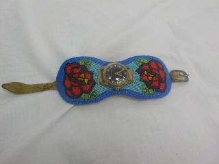 Vintage Native American Hand Beaded Buckskin Leather Watch Band 1960 ' s w Watch 2