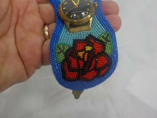Vintage Native American Hand Beaded Buckskin Leather Watch Band 1960 ' s w Watch 3
