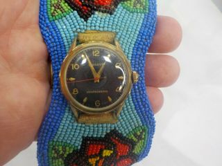 Vintage Native American Hand Beaded Buckskin Leather Watch Band 1960 ' s w Watch 4