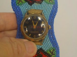 Vintage Native American Hand Beaded Buckskin Leather Watch Band 1960 ' s w Watch 6
