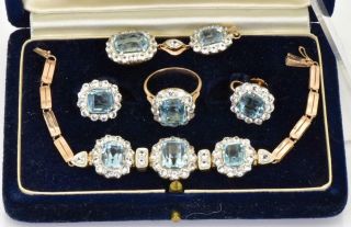 Victorian 9k Gold,  Aquamarine&white Sapphires Set:ring,  Earrings,  Bracelet&pendant