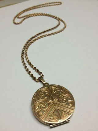 Antique Ornate 14k Gold Round Locket Pendant Necklace,  10k Chain 24 3/4 Inches