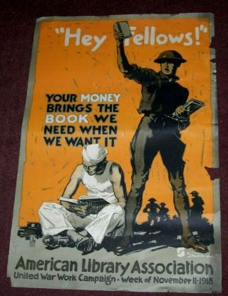 Orig Hey Fellows Poster Wwi American Library Association Home Front J E Sheridan