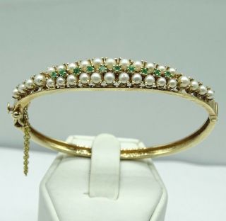 Vintage 14k Yellow Gold Bengal With Pearl And Emerald Stones.