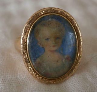 Delightful Georgian 18ct Gold Mourning Ring With Portrait Miniature Of A Child