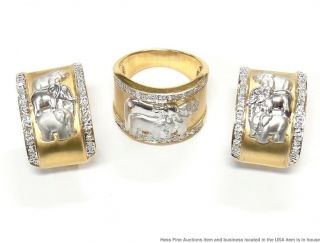 Diamond 14k Gold Elephant Ring Wide Huggie Hoop Earring Suite 19.  8 Grams