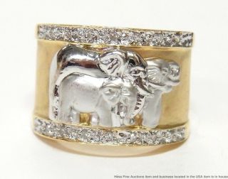 Diamond 14k Gold Elephant Ring Wide Huggie Hoop Earring Suite 19.  8 grams 2