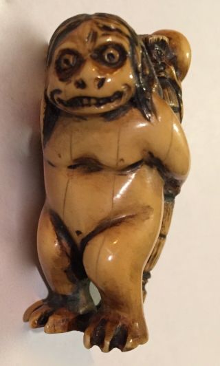 Japanese Carved Netsuke Of Monster With A Monster On Its Back.  Signed.