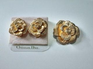 Vtg Signed Christian Dior Gold Tone Rhinestone Pansy Flower Earring & Brooch Set