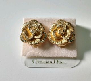 Vtg Signed Christian Dior Gold Tone Rhinestone Pansy Flower Earring & Brooch Set 2