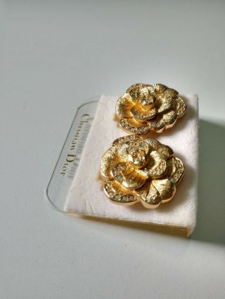 Vtg Signed Christian Dior Gold Tone Rhinestone Pansy Flower Earring & Brooch Set 3