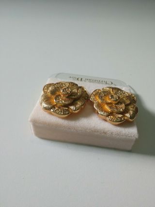 Vtg Signed Christian Dior Gold Tone Rhinestone Pansy Flower Earring & Brooch Set 4