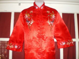 Old Chinese Red 100 Silk Dress/jacket/robe Embroidered W/chrysanthemums Sz L
