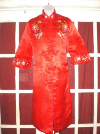 Old Chinese Red 100 Silk Dress/Jacket/Robe Embroidered w/Chrysanthemums Sz L 2