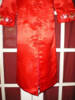 Old Chinese Red 100 Silk Dress/Jacket/Robe Embroidered w/Chrysanthemums Sz L 3