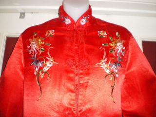 Old Chinese Red 100 Silk Dress/Jacket/Robe Embroidered w/Chrysanthemums Sz L 4