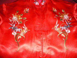 Old Chinese Red 100 Silk Dress/Jacket/Robe Embroidered w/Chrysanthemums Sz L 5