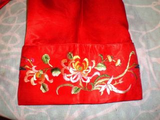 Old Chinese Red 100 Silk Dress/Jacket/Robe Embroidered w/Chrysanthemums Sz L 6