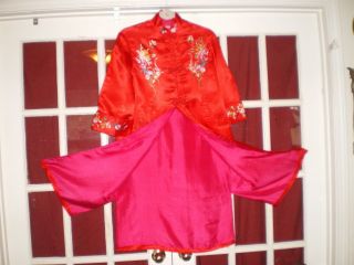 Old Chinese Red 100 Silk Dress/Jacket/Robe Embroidered w/Chrysanthemums Sz L 7