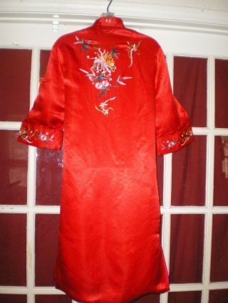 Old Chinese Red 100 Silk Dress/Jacket/Robe Embroidered w/Chrysanthemums Sz L 8