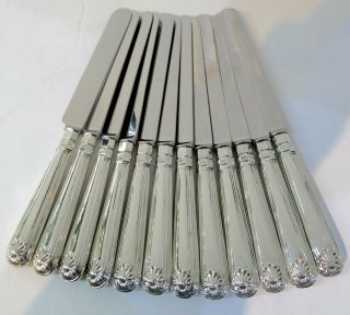Fiddle Thread & Shell,  Set 12 Sterling Silver Handled English Knives.  9.  75 " Long