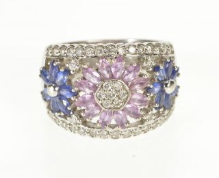 14k 3.  00 Ctw Diamond Pink Blue Sapphire Flower Band Ring Size 7.  5 White Gold 44