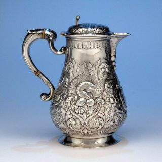 1856,  Antique Irish Dublin Sterling Silver Covered Hot Beverage Pitcher