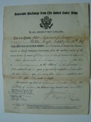Wwi Era Us Army Cavalry Honorable Discharge Certificate Mexico France & Germany