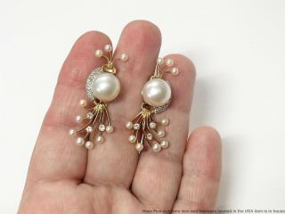 Rare Huge 11.  2mm Akoya Pearl Diamond 14k Gold Earrings 1940s Retro Deco Vintage 11