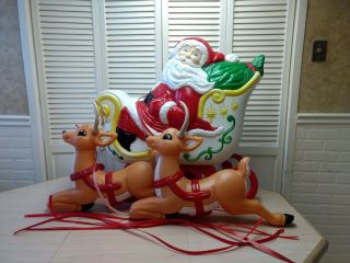Christmas Santa Claus Sleigh W/ 2 Reindeer Blow Mold - Grand Venture - Vtg - 27 