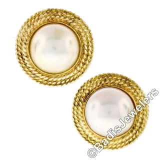 Vintage 14k Yellow Gold Large Mabe Pearl Button Earrings W/ Twisted Wire Frame