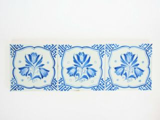 Set Of 3 Vintage Delft Tulip Tiles Porceleyne Fles 5 3/8 " Square Blue White
