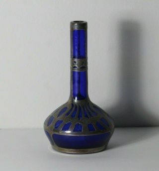Antique Art Nouveau Sterling Silver Overlay & Cobalt Art Glass Cabinet Vase