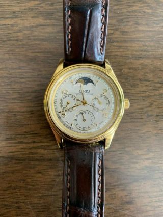 Vintage Swiss Oris Auto Date Day Moonphase Gmt Gold Plated Dressing Watch