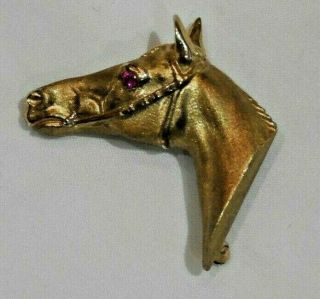 14k Yellow Gold Equestrian Horse Head With Ruby Eye Pin Or Brooch