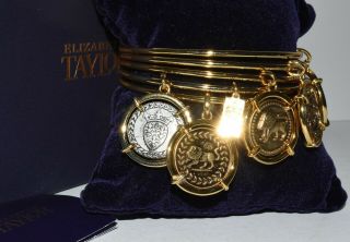 Elizabeth Taylor Ancient Coin Gold Tone Bangle Bracelets Box Set of 5 3