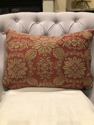 Pair Vintage Fortuny Fabric Pillows In Sienna In Parchment 17” X 25”.