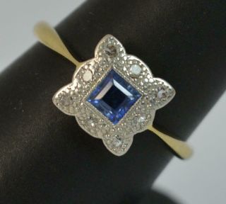Art Deco Ceylon Sapphire & Diamond 18ct Gold and Platinum Cluster Ring d0348 2