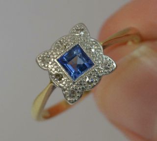 Art Deco Ceylon Sapphire & Diamond 18ct Gold and Platinum Cluster Ring d0348 5