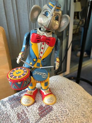 Vintage Windup Tin Circus Drummer Elephant Fossil T.  K.  Made In Japan