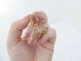 Fine 18ct Gold Rose Cut Diamond Ribbon & Bow Drop Earrings 18k 750