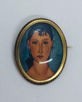 Antique 18k Yellow Gold Hand Painted Portrait Of A Lady Pin