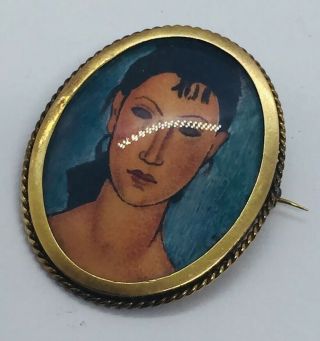 Antique 18k Yellow Gold Hand Painted Portrait Of A Lady Pin 2