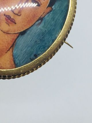 Antique 18k Yellow Gold Hand Painted Portrait Of A Lady Pin 4