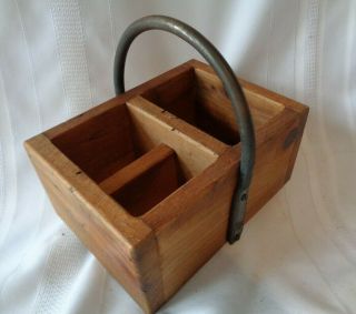 Vtg Primitive Heavy Wood Metal Caddy Carrier Box Tray Farmhouse Country 9 " X6.  5 "